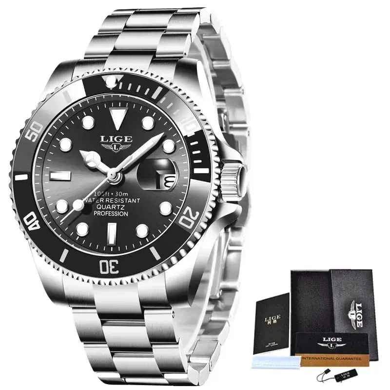 Mens Wristwatch Luxury Quartz Black Diver Waterproof Sports Silver Watch