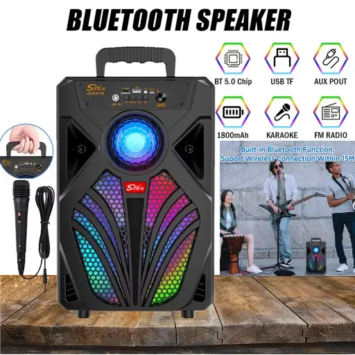 Portable Bluetooth Speaker Party Speaker Stereo Subwoofer Heavy Bass Sound System with Mic Wireless Woofer with LED FM