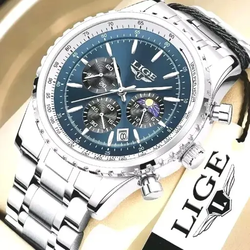 Mens Wristwatch Luxury Quartz Chronagraph Waterproof Sports Silver Watch