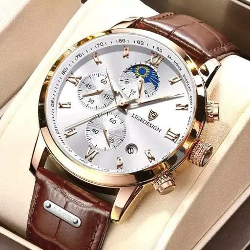Mens Luxury Watch Leather Strap Waterproof Quartz Chronograph Wristwatch